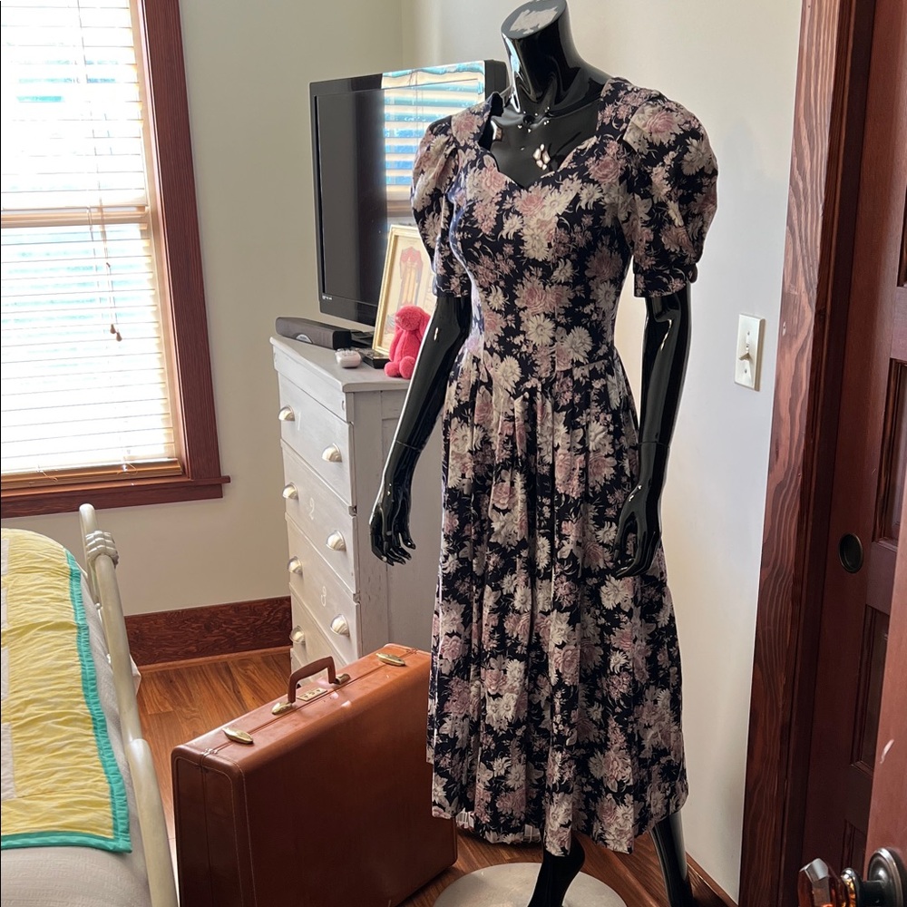 RARE! Vintage Laura Ashley Black and Pink Floral Long Sleeve Dress